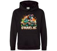 Purple Print House Orange Custom Dino Monster Truck Boys Hoodie Dinosaur Giant Off Road Trucks Hooded Top Kids, 5-6 Years, Black