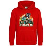 Purple Print House Orange Custom Dino Monster Truck Boys Hoodie Dinosaur Giant Off Road Trucks Hooded Top Kids, 7-8 Years, Red