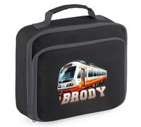 Purple Print House Passenger Train Boys Custom Lunch Bag Personalised Name Back to School Nursery Lunchbox for Kids Infants New Term Gift, 24cm x 20cm x 8cm, Black