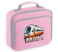 Purple Print House Passenger Train Boys Custom Lunch Bag Personalised Name Back to School Nursery Lunchbox for Kids Infants New Term Gift, 24cm x 20cm x 8cm, Pink
