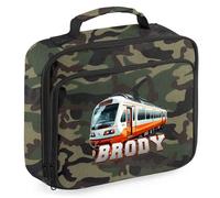 Purple Print House Passenger Train Boys Custom Lunch Bag Personalised Name Back to School Nursery Lunchbox for Kids Infants New Term Gift, 24cm x 20cm x 8cm, Camo