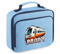 Purple Print House Passenger Train Boys Custom Lunch Bag Personalised Name Back to School Nursery Lunchbox for Kids Infants New Term Gift, 24cm x 20cm x 8cm, Sky Blue