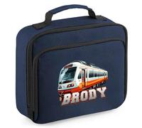 Purple Print House Passenger Train Boys Custom Lunch Bag Personalised Name Back to School Nursery Lunchbox for Kids Infants New Term Gift, 24cm x 20cm x 8cm, Navy