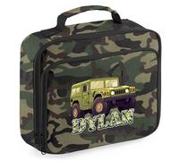Purple Print House Personalised Army Jeep Boys Lunch Bag Custom Name Military Vehicle Lunchbox for Infants Kids Back to School Nursery Gift, 24cm x 20cm x 8cm, Camo