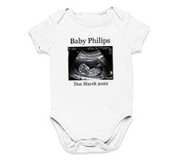 Purple Print House Personalised Baby Scan Photo Babygrow, Baby Announcement Gift, Custom Printed Name & Due Date, Soft Cotton, White, 3-6 Months