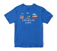 Purple Print House Personalised Birthday Trains Kids T Shirt Boys Girls Custom Name & Age Locomotives Top Bday Gift, 3-4 Years, Royal Blue