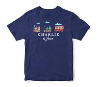 Purple Print House Personalised Birthday Trains Kids T Shirt Boys Girls Custom Name & Age Locomotives Top Bday Gift, 5-6 Years, Navy