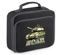 Purple Print House Personalised Boys Army Tank Lunch Bag Military Design Custom Name Lunchbox for Kids Infants Back to School Nursery Gift, 24cm x 20cm x 8cm, Black