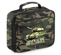 Purple Print House Personalised Boys Army Tank Lunch Bag Military Design Custom Name Lunchbox for Kids Infants Back to School Nursery Gift, 24cm x 20cm x 8cm, Camo