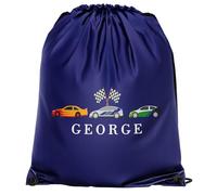 Purple Print House Personalised Boys Drawstring Custom Name Fast Car Design Back To School Gift For Son Infants Primary PE Bag, One Size, Navy