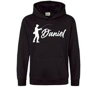 Purple Print House Personalised Boys Fishing Hoodie, Kids Fisherman Gifts Boys Hoody, Christmas and Birthday Gifts for Son who loves Fishing, 7-8 Years, Black