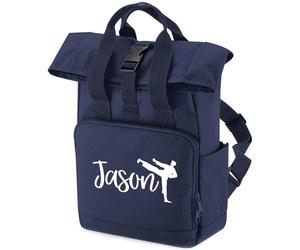 Purple Print House Personalised Boys Karate Rolltop Backpack Mini Roll Top Custom Kids Back to School Bag Martial Arts Club, One Size, Navy