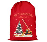 Purple Print House Personalised Boys Sack - Merry Christmas Digger Xmas Tree - Festive Construction Xmas Stocking For Son Nephew, XL, Red
