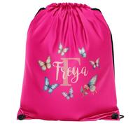 Purple Print House Personalised Butterfly Drawstring Bag for Girls Custom Name Initial Butterflies PE Sports Bag for Back to School Kids Infants, One Size, Bright Pink