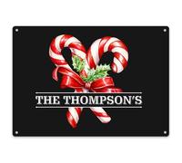 Purple Print House Personalised Candy Canes Metal Sign Custom Family Names Indoor Outdoor Christmas Plaque Xmas Decorations, Large, White