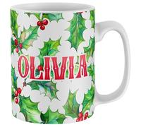 Purple Print House Personalised Christmas Holly Leaves Mug Mens Womens Custom Name Xmas Tea Coffee Cup Stocking Filler Gift