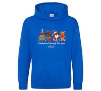 Purple Print House Personalised Christmas Sausage Dog Kids Hoodie - Dachshund Through The Snow Boys Girls Xmas Hooded Top - Custom Name Festive Dachshunds Design, 7-8 Years, Royal