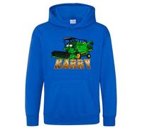 Purple Print House Personalised Combine Harvester Hoodie For Boys Farmers Farming Kids Custom Name Hooded Top, 1-2 Years, Royal