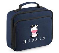 Purple Print House Personalised Cow Lunch Bag Boys Girls Back to School Kids Childrens Infant Primary New Term Lunchbox, 24cm x 20cm x 8cm, Navy