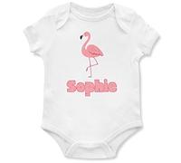 Purple Print House Personalised Cute Flamingo Baby Grow, Flamingo Gifts for Babies, Safari and Zoo Birthday for Baby Boy or Girl, 3-6 Months, White