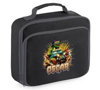 Purple Print House Personalised Dinosaur Boys Lunch Bag Custom Name Dino Truck Lunchbox for Kids Infants Back to School Nursery Gift, 24cm x 20cm x 8cm, Black