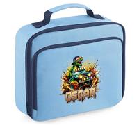Purple Print House Personalised Dinosaur Boys Lunch Bag Custom Name Dino Truck Lunchbox for Kids Infants Back to School Nursery Gift, 24cm x 20cm x 8cm, Sky Blue