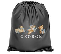 Purple Print House Personalised Drawstring Bag For Boys Blue Teddy Bear Custom Name Back To School Nursery Infants PE Sports Bag, One Size, Dark Grey