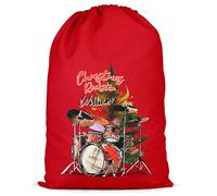 Purple Print House Personalised Drums Present Sack - Custom Drum Set Xmas Gift Bag for Drummer Boys Son Nephew - Merry Christmas, L, Red