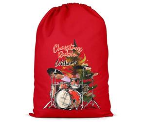 Purple Print House Personalised Drums Present Sack - Custom Drum Set Xmas Gift Bag for Drummer Boys Son Nephew - Merry Christmas, L, Red