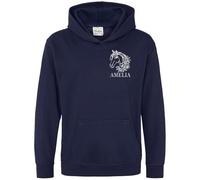 Purple Print House Personalised Embroidered Horses Head Kids Hoodie Horse Rider Name Floral Flowers Embroidery Girl Boy Hooded Top, 9-11 Years, Navy