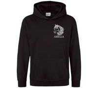 Purple Print House Personalised Embroidered Horses Head Kids Hoodie Horse Rider Name Floral Flowers Embroidery Girl Boy Hooded Top, 12-13 Years, Black