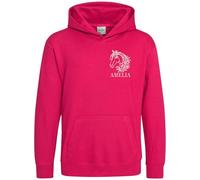 Purple Print House Personalised Embroidered Horses Head Kids Hoodie Horse Rider Name Floral Flowers Embroidery Girl Boy Hooded Top, 9-11 Years, Bright Pink
