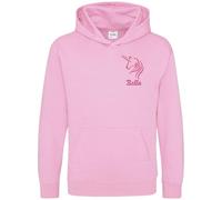 Purple Print House Personalised Embroidered Unicorn Girls Hoodie Mythical Horse Pocket Embroidery Kids Hooded Top, 7-8 Years, Light Pink