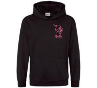 Purple Print House Personalised Embroidered Unicorn Girls Hoodie Mythical Horse Pocket Embroidery Kids Hooded Top, 9-11 Years, Black