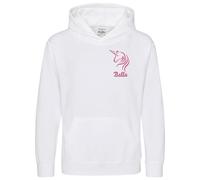 Purple Print House Personalised Embroidered Unicorn Girls Hoodie Mythical Horse Pocket Embroidery Kids Hooded Top, 7-8 Years, White
