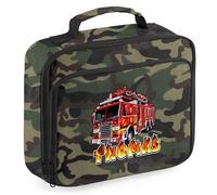 Purple Print House Personalised Fire Engine Boys Lunch Bag with Fire Flames Custom Name Back to School Nursery Lunchbox for Kids Infants, 24cm x 20cm x 8cm, Camo