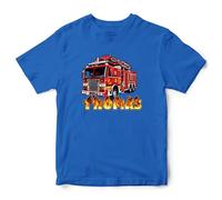 Purple Print House Personalised Fire Engine Boys T Shirt Rescue Vehicle Firefighting Truck Kids Custom Name Top, 12-13 Years, Royal Blue