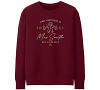 Purple Print House Personalised First Christmas Sweatshirt For Women 1st Xmas As A Mrs Festive Gingerbread Man Married Ladies Jumper, XL, Maroon