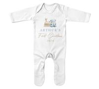 Purple Print House Personalised First Christmas Train Romper Suit Baby Boy Blue Steam Train Cute Bear Babies 1st Xmas Sleepsuit, 3-6 Months, White