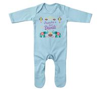 Purple Print House Personalised First Diwali Celebration Baby Romper Suit - Custom Name - Elephants and Diya Design - 1st Hindu Festival of Lights - Boys Girls Keepsake Gift, 6-12 Months, Light Blue
