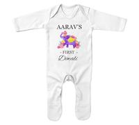 Purple Print House Personalised First Diwali Romper Suit Baby Boys Girls Custom 1st Festival of Lights Floral Elephant Sleepsuit, 3-6 Months, White