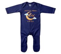 Purple Print House Personalised First Eid Romper Suit Baby Boys Girls Custom Lanterns Crescent Moon Sleepsuit, 3-6 Months, Navy