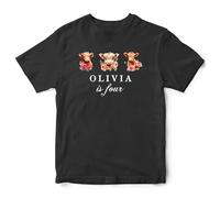 Purple Print House Personalised Floral Highland Cows Birthday T Shirt for Girls Custom Name & Age Calves Bday Top Kids Gift, 12-13 Years, Black