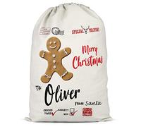 Purple Print House Personalised Gingerbread Man Merry Sack Special Delivery Reindeer XMas Gift Bag For Boys and Girls, L, Natural