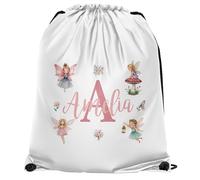 Purple Print House Personalised Girls Fairy Drawstring Bag Infants Custom Name Initial Fairies Design PE Sports Bag Kids Back to School Gift, One Size, White