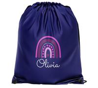 Purple Print House Personalised Girls Rainbow Drawstring Bag Kids Custom Name Back to School PE Kit Bag Infants Sports Club Gift, One Size, Navy