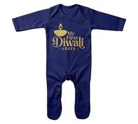 Purple Print House Personalised Gold First Diwali Baby Romper Suit - Custom Name Diya Light Design - 1st Festival of Lights - Boys Girls - Hinduism Hindu Celebration Gift, 0-3 Months, Navy