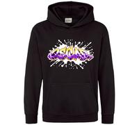 Purple Print House Personalised Graffiti Name Kids Hoodie Boys Girls Custom Paint Splatter Hooded Top, 9-11 Years, Black