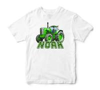 Purple Print House Personalised Green Tractor Kids T Shirt Farmers Farming Boys Girls Top Tee, 2-3 Years, White