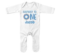 Purple Print House Personalised Halfway to One Romper Suit Baby Boy Blue Donut Cute Babies Sleepsuit, 0-3 Months, White